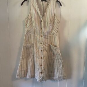Doe & Rae Beige Striped Button-Front Mini Dress